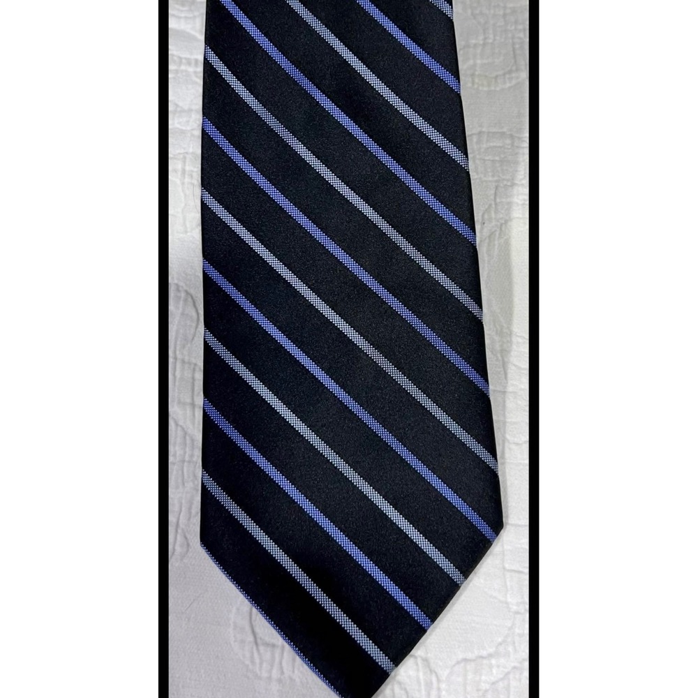 Claiborne Mens Silk Necktie Black Blue Silver Striped Hand Made Business Tie